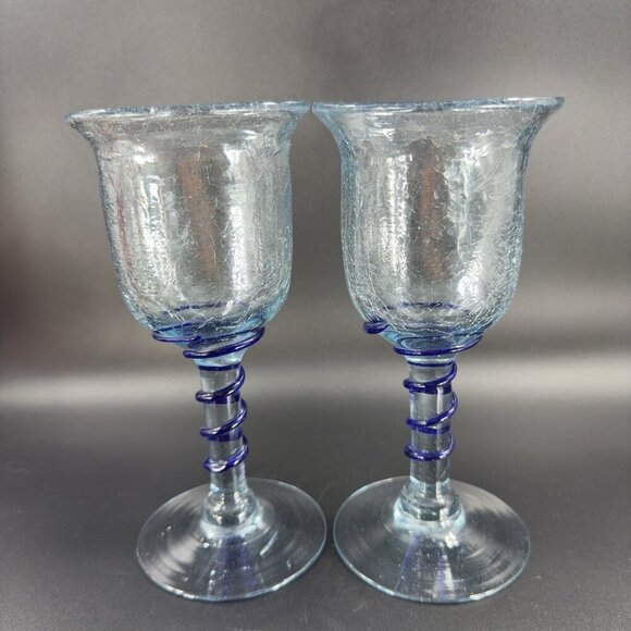 Hand Blown Crackle Glass Goblet Drinking Glasses Set 2 Clear Blue Swirl Goblets - Picture 12 of 12